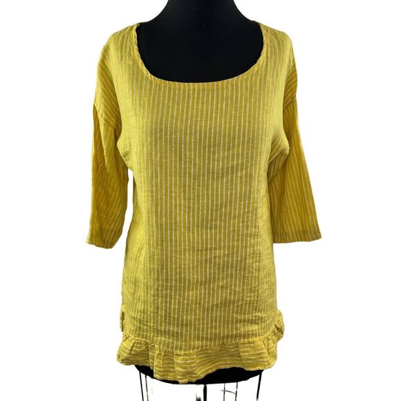 Lungo L'Arno Yellow White M Top Striped Round Neck 3/4 Sleeve Ruffle ITALY - Picture 1 of 9